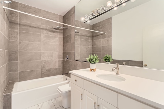 full bath featuring toilet, vanity, and tub / shower combination