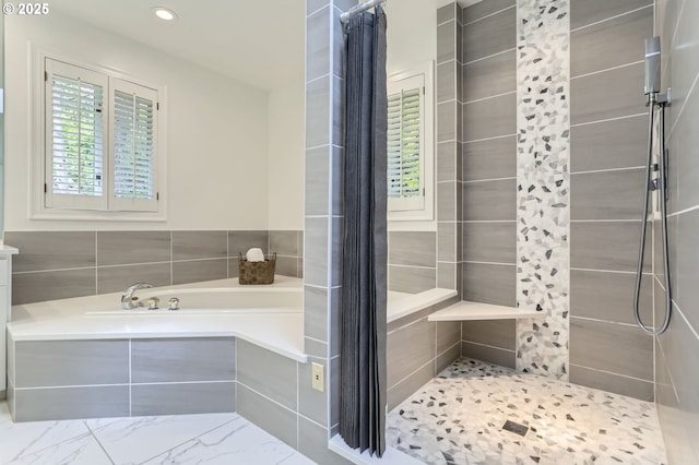 1308 Northshore Rd, Lake Oswego, OR 97034 - bathroom with a garden tub, tiled shower, recessed lighting, and marble look tile flooring
