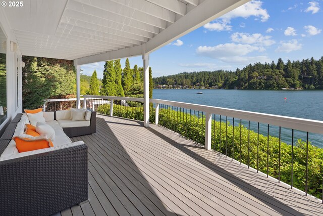 1308 Northshore Rd, Lake Oswego, OR 97034 - wooden terrace featuring a water view, outdoor lounge area, and a wooded view