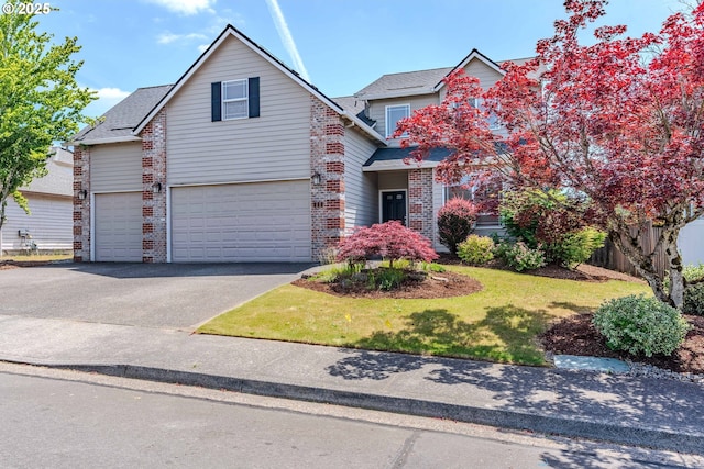 308 SW 38th Loop, Gresham, OR 97080 - traditional home featuring brick siding, a garage, driveway, a front lawn, and a shingled roof
