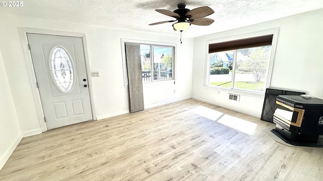 foyer with a wood stove, wood finished floors, and visible vents