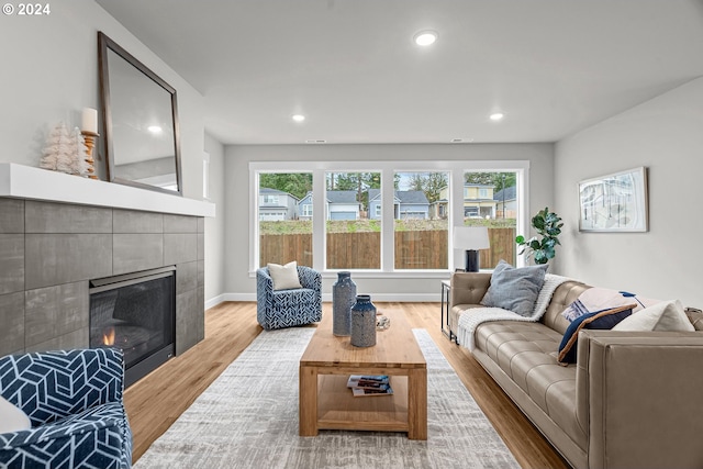 living room with hardwood / wood-style floors, plenty of natural light, and a fireplace