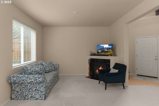 living area with carpet floors, a fireplace, and baseboards