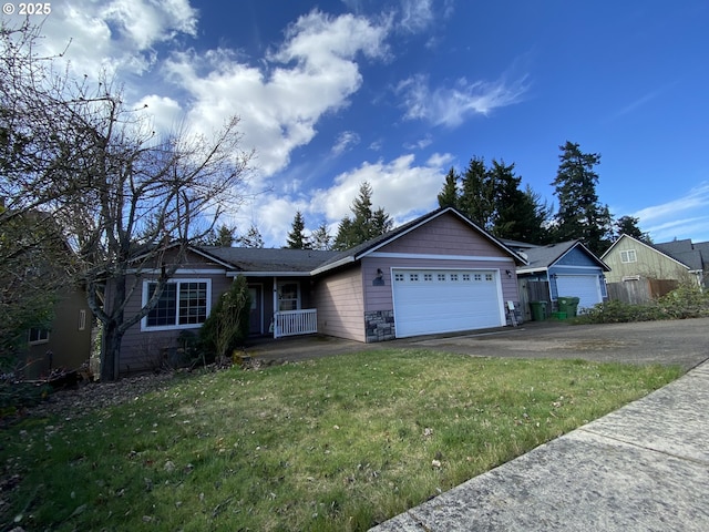 single story home featuring a garage, stone siding, driveway, and a front yard