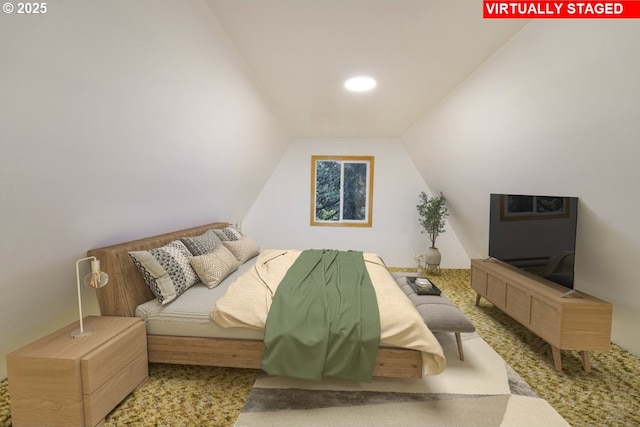 48395 High Leah Dr, Oakridge, OR 97463 - carpeted bedroom featuring lofted ceiling and recessed lighting