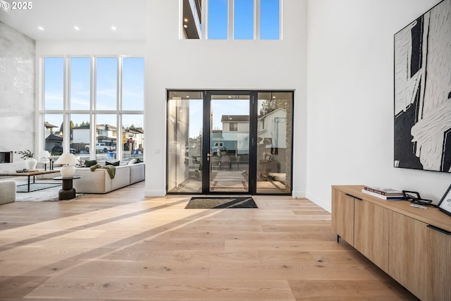 interior space featuring a wealth of natural light, baseboards, a high ceiling, and light wood finished floors