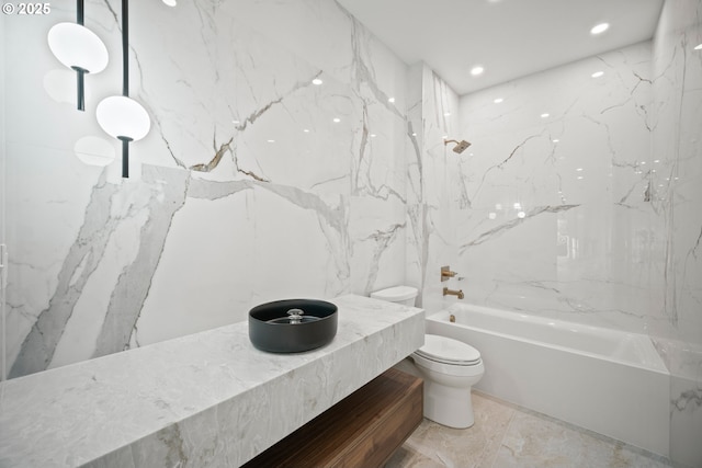 full bath featuring recessed lighting, shower / bathing tub combination, toilet, and stone wall