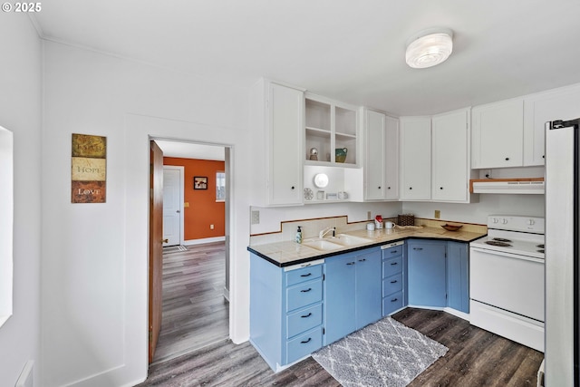 93753 E Mill Ln, Coos Bay, OR 97420 - kitchen featuring electric range, blue cabinets, open shelves, under cabinet range hood, and dark wood-style flooring