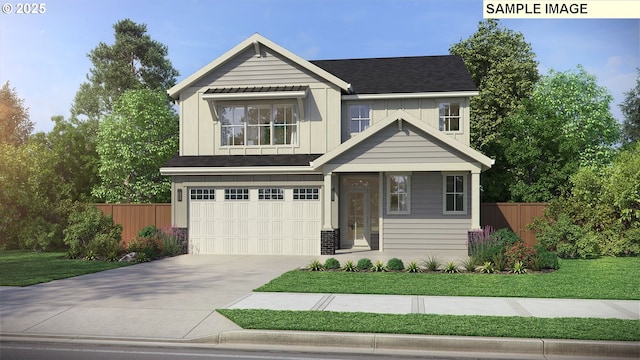 view of front of home featuring concrete driveway, board and batten siding, an attached garage, and fence