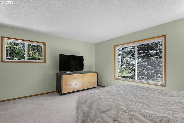 bedroom featuring light colored carpet, a textured ceiling, baseboards, and multiple windows