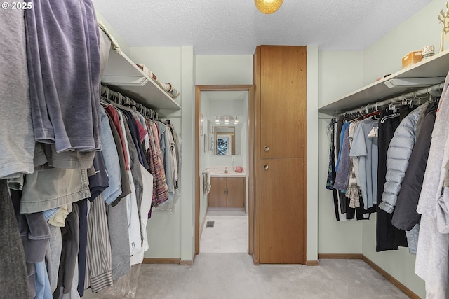 spacious closet with light carpet, visible vents, and a sink