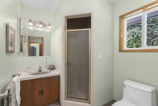 full bathroom featuring vanity, toilet, and a stall shower