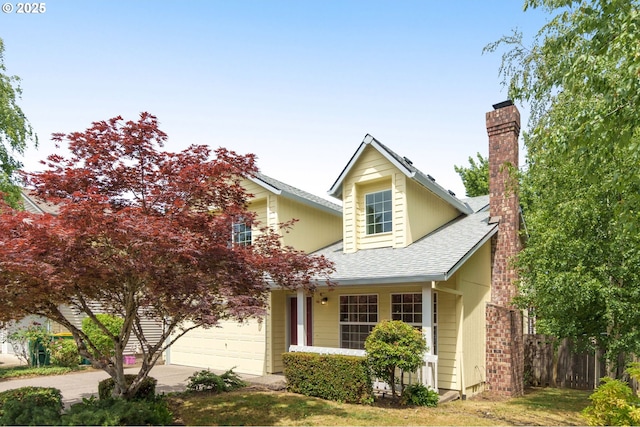16149 SW Snapdragon Ln, Tigard, OR 97223 - view of front of home featuring a chimney, driveway, a shingled roof, and an attached garage