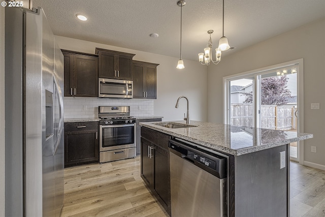 50 Shore Dr, Saint Helens, OR 97051 - kitchen with appliances with stainless steel finishes, a sink, light wood-type flooring, a chandelier, and decorative backsplash