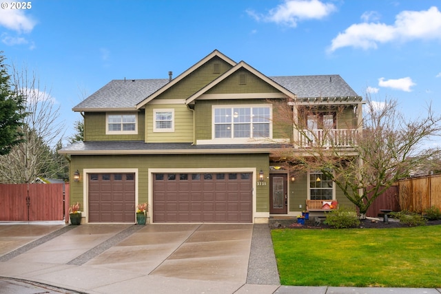 view of front of home featuring a garage, a shingled roof, concrete driveway, fence, and a front lawn