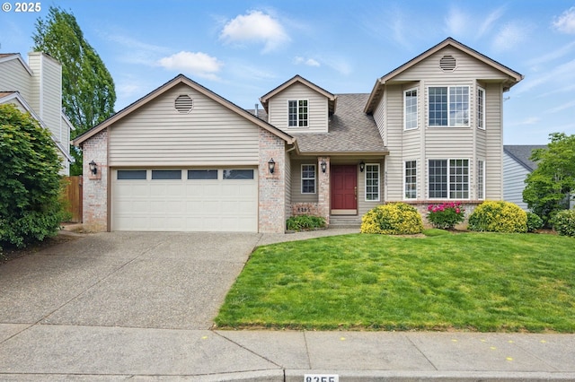 8355 SW 159th Pl, Beaverton, OR 97007 - traditional-style home featuring a garage, driveway, a front yard, a shingled roof, and brick siding