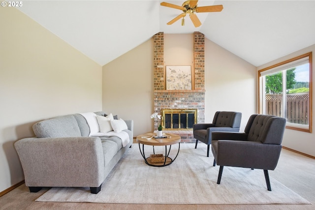 8355 SW 159th Pl, Beaverton, OR 97007 - carpeted living room with ceiling fan, lofted ceiling, a fireplace, and baseboards