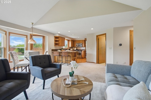8355 SW 159th Pl, Beaverton, OR 97007 - living area featuring light carpet, recessed lighting, and vaulted ceiling