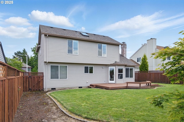 8355 SW 159th Pl, Beaverton, OR 97007 - rear view of house featuring a deck, a shingled roof, crawl space, and a chimney