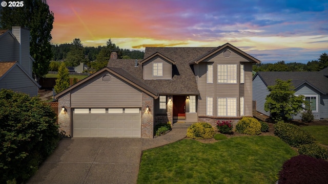 8355 SW 159th Pl, Beaverton, OR 97007 - traditional-style home featuring concrete driveway, an attached garage, a front yard, a shingled roof, and brick siding