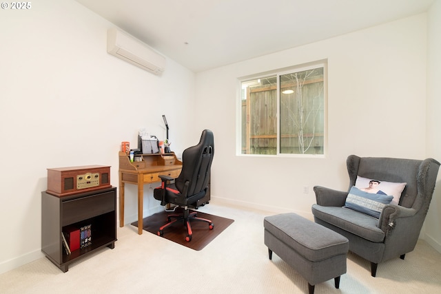 carpeted office with an AC wall unit and baseboards