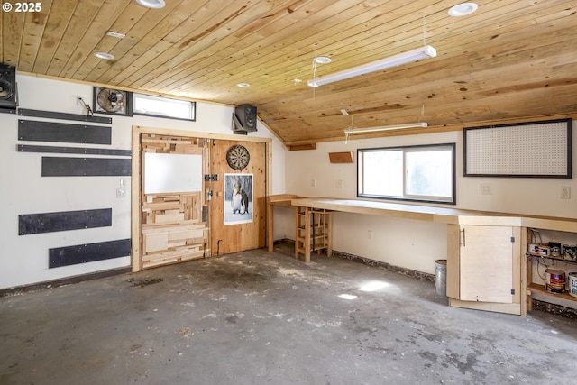 5835 NE 23rd Ave, Portland, OR 97211 - kitchen featuring unfinished concrete flooring, wooden ceiling, and vaulted ceiling