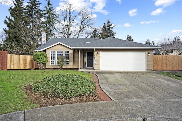 ranch-style house featuring a shingled roof, fence, concrete driveway, a front yard, and a garage