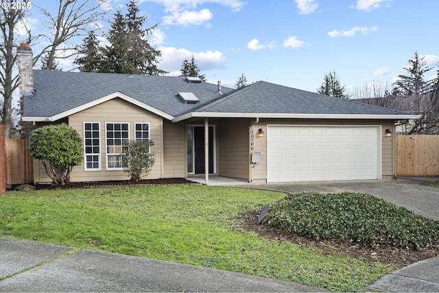 ranch-style home with a front lawn and a garage