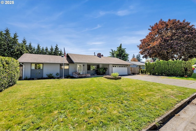 ranch-style house with driveway, a garage, and a front yard