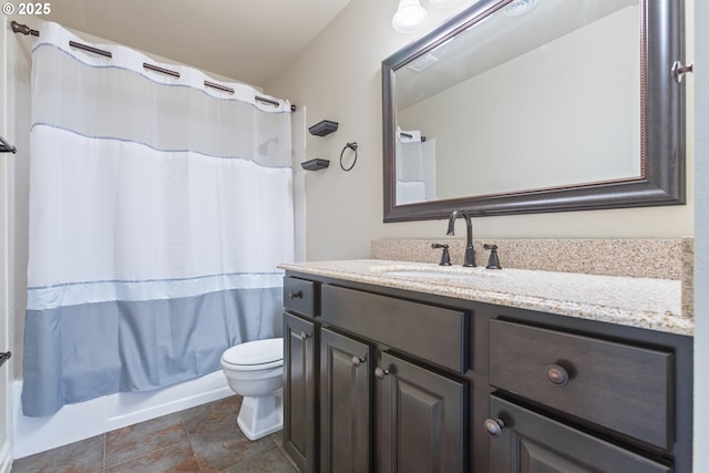 bathroom with shower / tub combo, toilet, and vanity