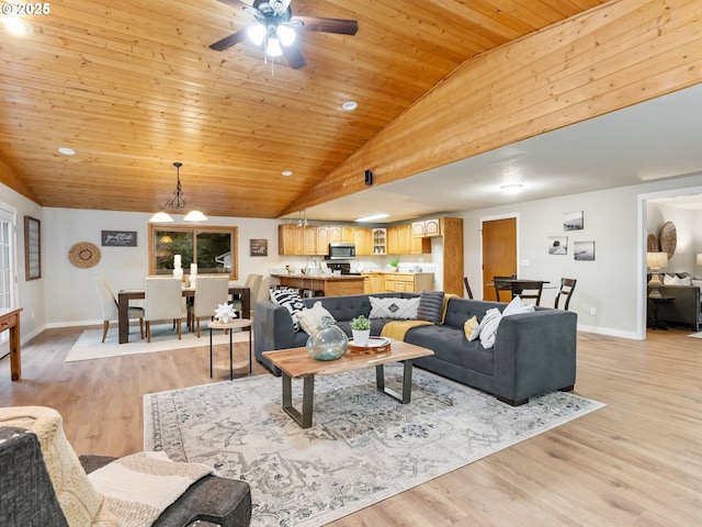 living room featuring light hardwood / wood-style floors, high vaulted ceiling, ceiling fan, and wooden ceiling