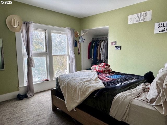 carpeted bedroom with a walk in closet and a closet