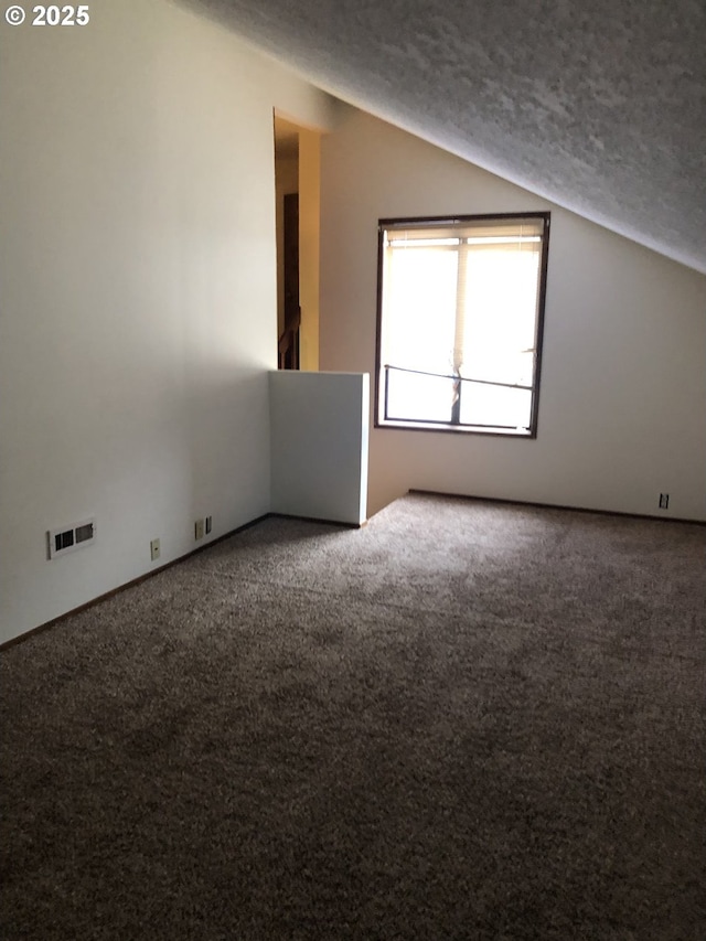 additional living space featuring carpet, vaulted ceiling, and a textured ceiling