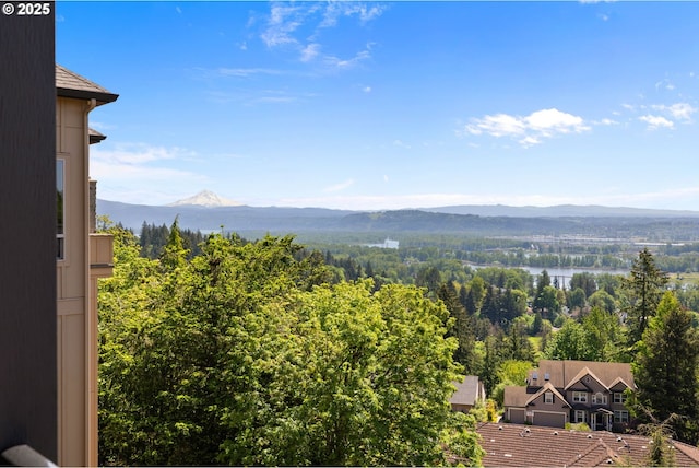 view of mountain feature with a forest view