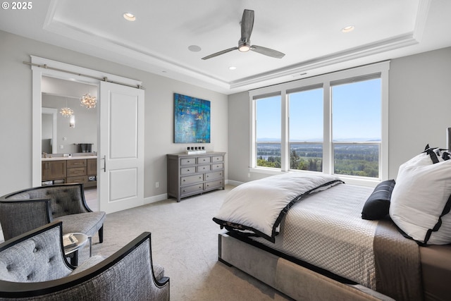 bedroom with a raised ceiling, light carpet, and recessed lighting