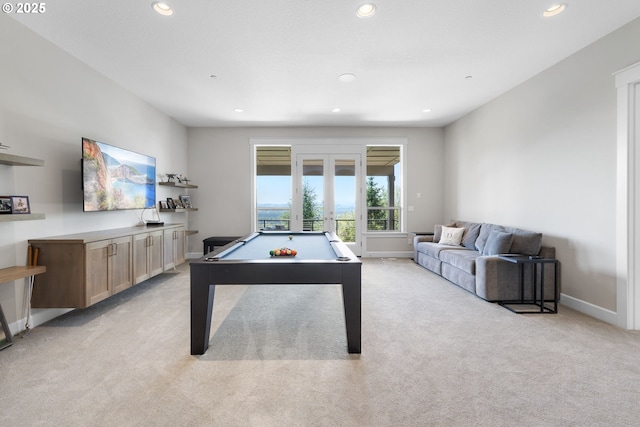 playroom featuring light carpet, french doors, recessed lighting, pool table, and baseboards