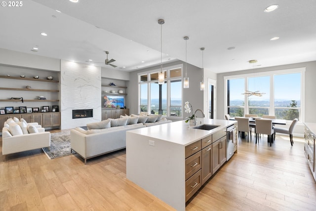 kitchen featuring recessed lighting, light wood-type flooring, a sink, and dishwasher