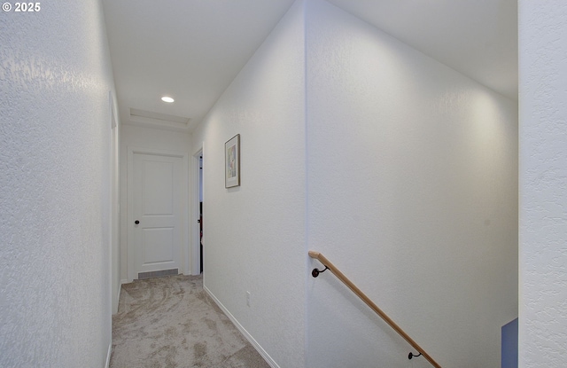 14008 SE Center St Unit A, Portland, OR 97236 - corridor with light carpet, an upstairs landing, recessed lighting, and a textured wall