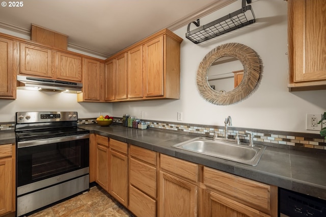 9334 N Lombard St Unit 7, Portland, OR 97203 - kitchen featuring electric stove, under cabinet range hood, dark countertops, dishwasher, and backsplash