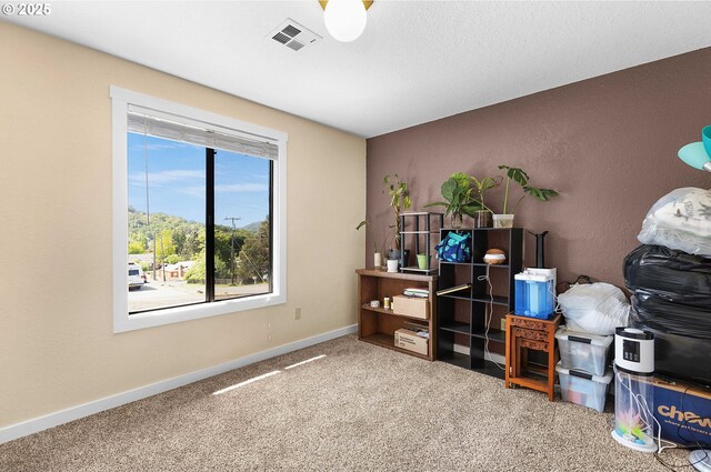 interior space featuring visible vents, baseboards, and carpet floors