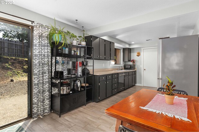 kitchen featuring plenty of natural light, light countertops, light wood-style flooring, and stainless steel appliances
