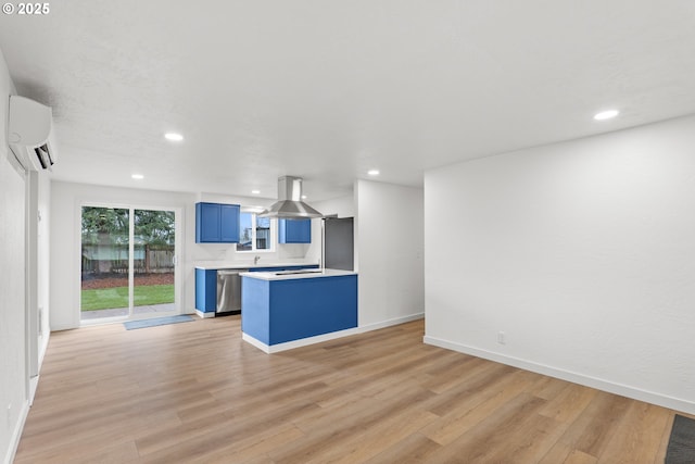 kitchen featuring blue cabinets, light countertops, dishwasher, light wood finished floors, and island exhaust hood