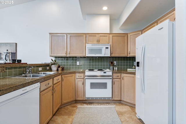 14426 SE Princeton Village Way, Clackamas, OR 97015 - kitchen with white appliances, tile counters, a sink, and tasteful backsplash