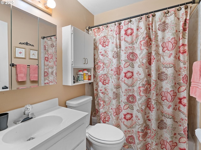 full bathroom with toilet, vanity, and shower / bathtub combination with curtain