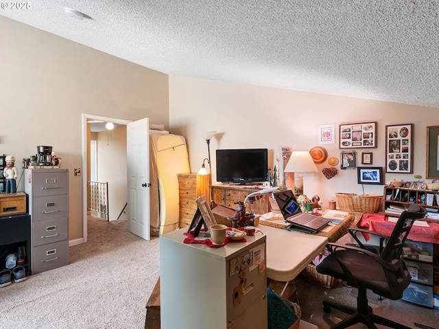 carpeted office space with lofted ceiling and a textured ceiling