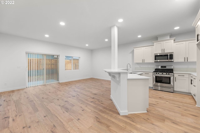 kitchen with light wood-style floors, open floor plan, a sink, and appliances with stainless steel finishes