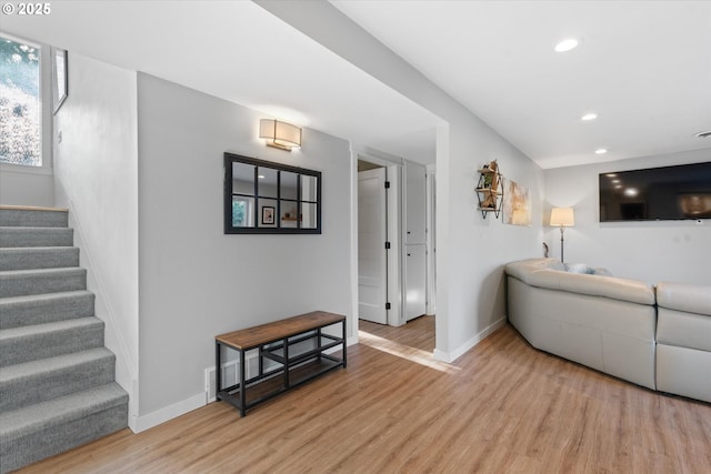 99 Walnut St, La Grande, OR 97850 - living area with stairway, light wood-type flooring, and recessed lighting