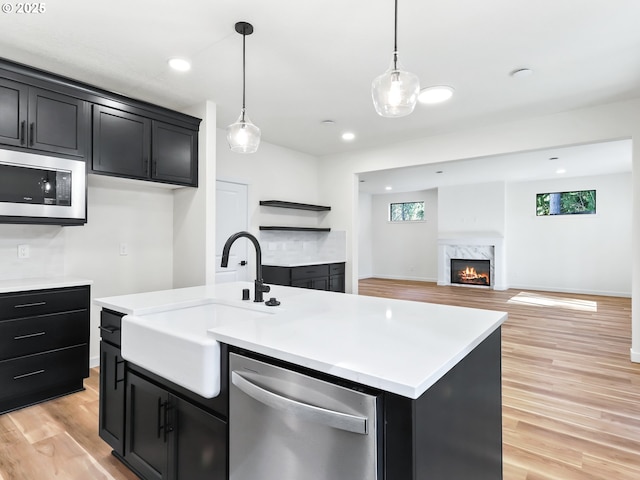 kitchen featuring dark cabinets, a sink, light wood-style floors, and stainless steel appliances