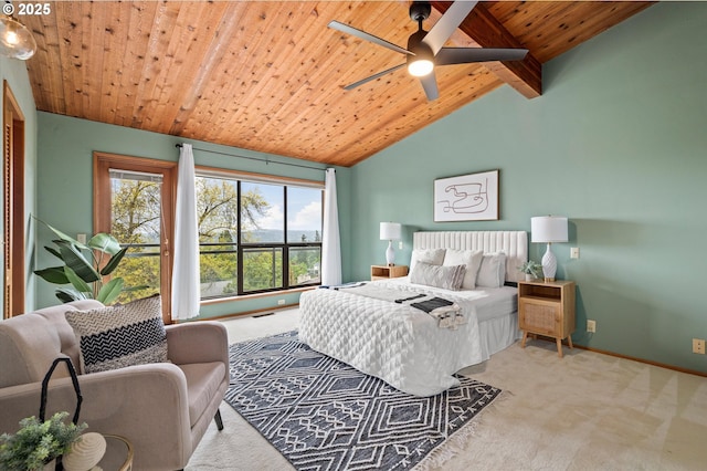 bedroom featuring carpet floors, wooden ceiling, vaulted ceiling with beams, and baseboards