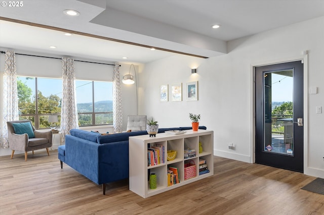 living area featuring baseboards, a healthy amount of sunlight, and light wood finished floors